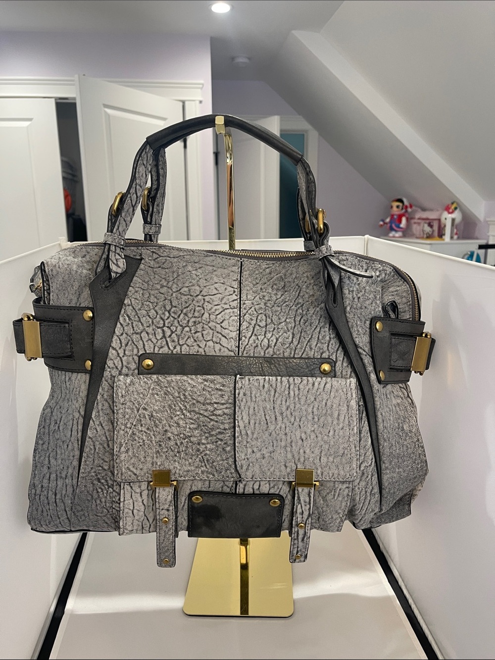 Kooba Gray Textured Leather Satchel Handbag